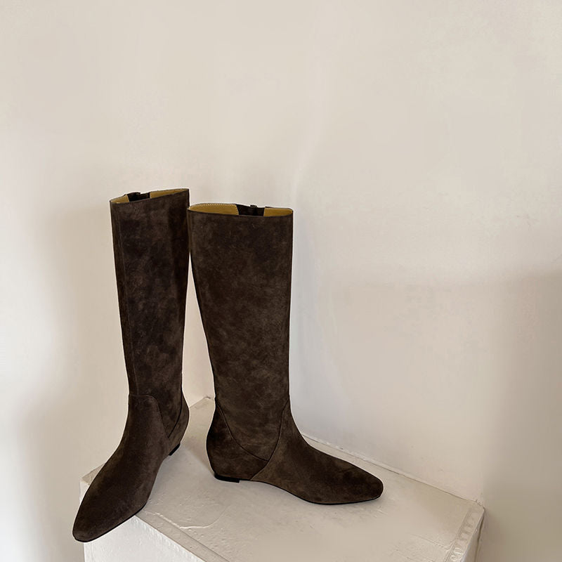 Karin Luna In Stock Spot Goods Vintage Cowhide Leather Chunky Heel Height Increasing Long Boots