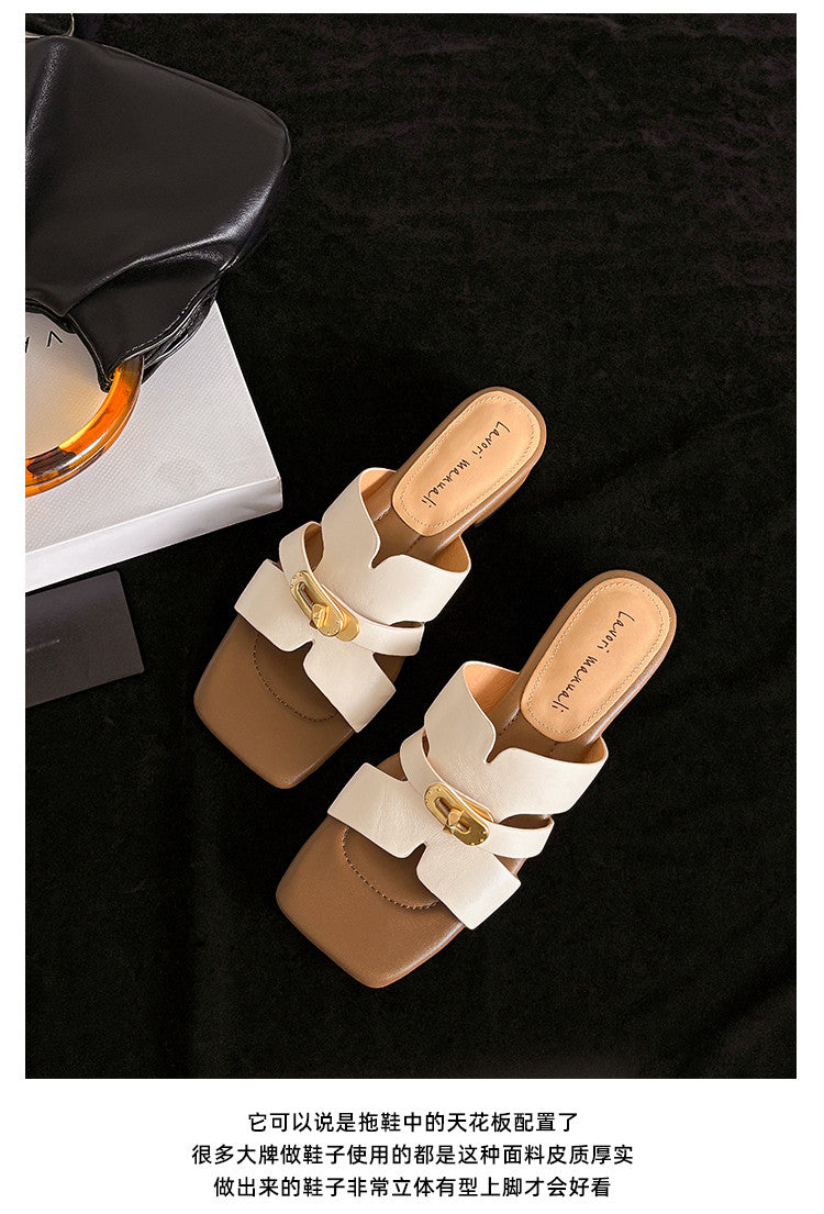 Karin Luna Comfortable Gold Buckle Square Toe Chunky Heel Casual Style Slippers
