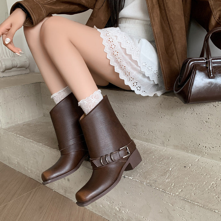 Karin Luna Elegant Style Square Toe Belt Buckle Pants Boot Short Boots