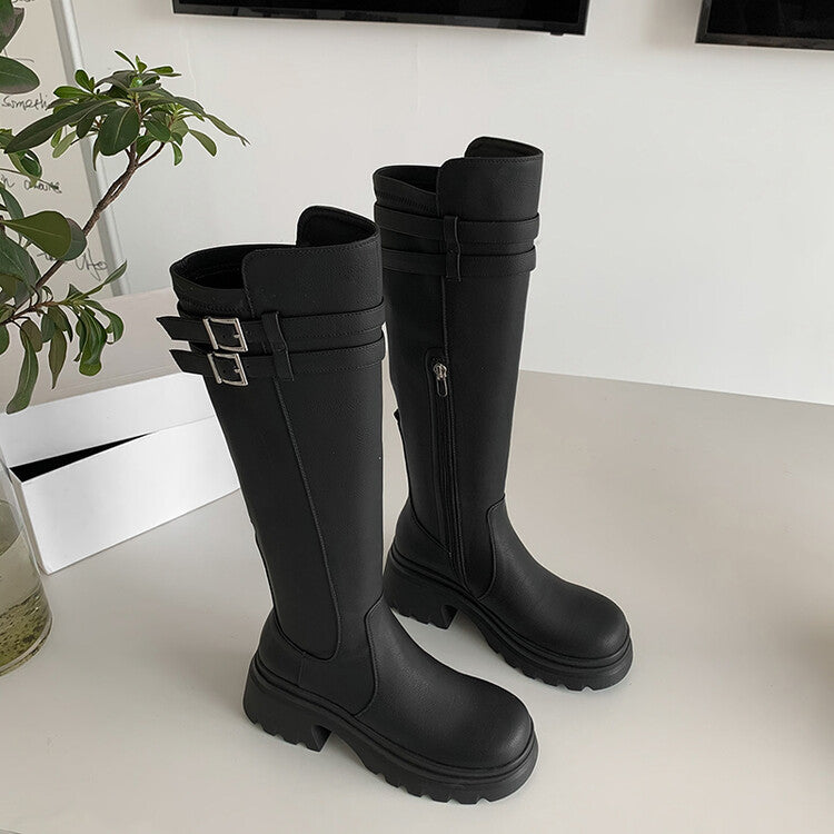 Karin Luna In Stock  Round Toe Thick Sole Casual Belt Buckle Long Boots