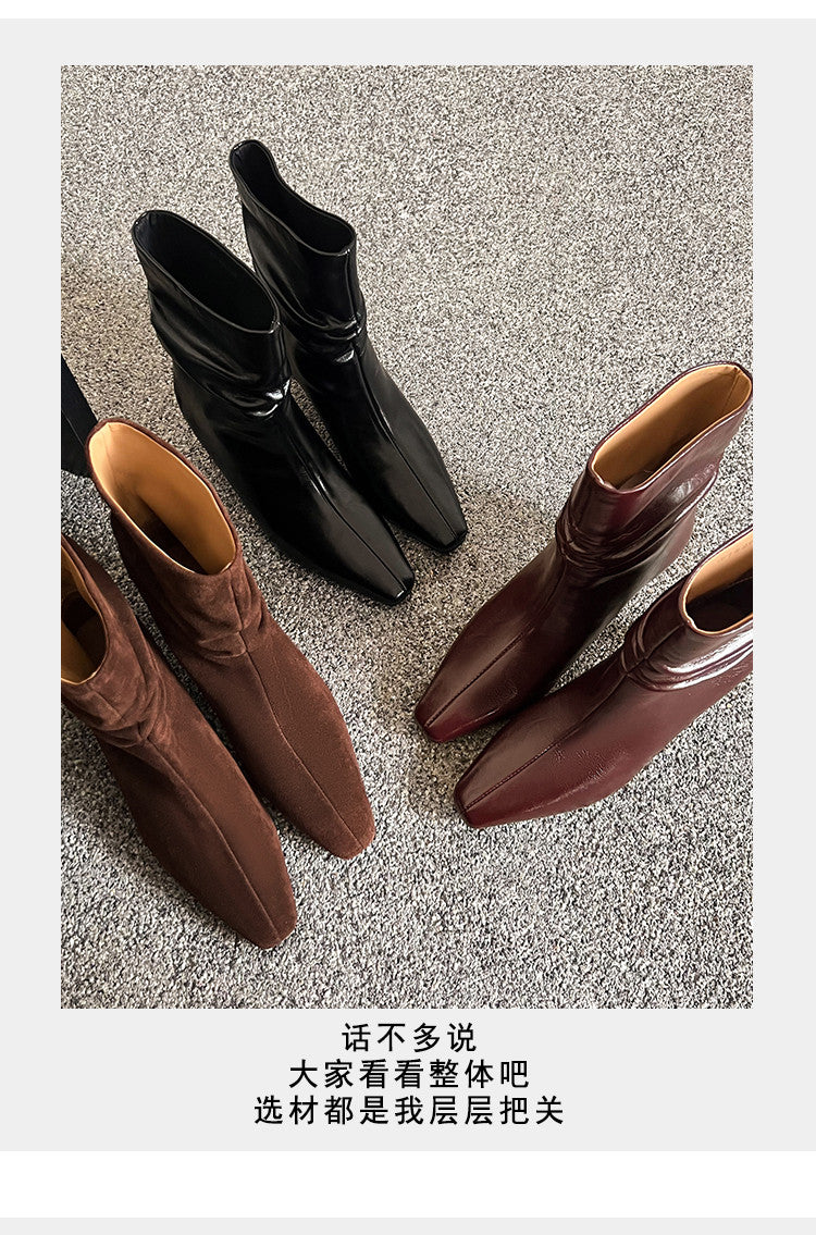 Karin Luna In Stock Spot Goods  Retro Wrinkled Small Square Toe Short Boots