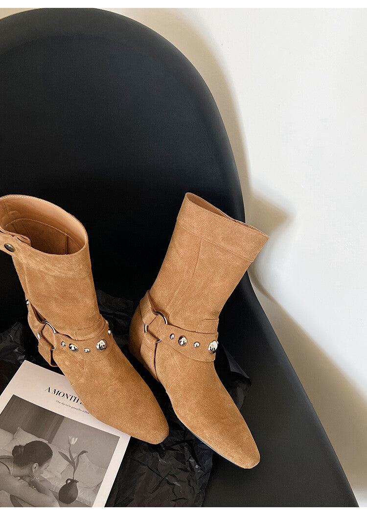 Karin Luna has prepared stock  Hot-Selling Retro Pointed Toe Wedge Metal Buckle High Tube Western Boots
