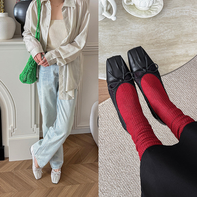 Karin Luna In Stock In Stock  Wrinkled Square Toe Patchwork Breathable Mesh Bow Granny Shoes