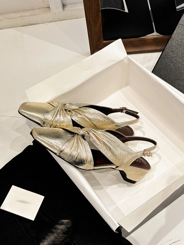 Karin Luna French Retro Wrinkled Small Square Toe Elegant Closed-Toe Sandals