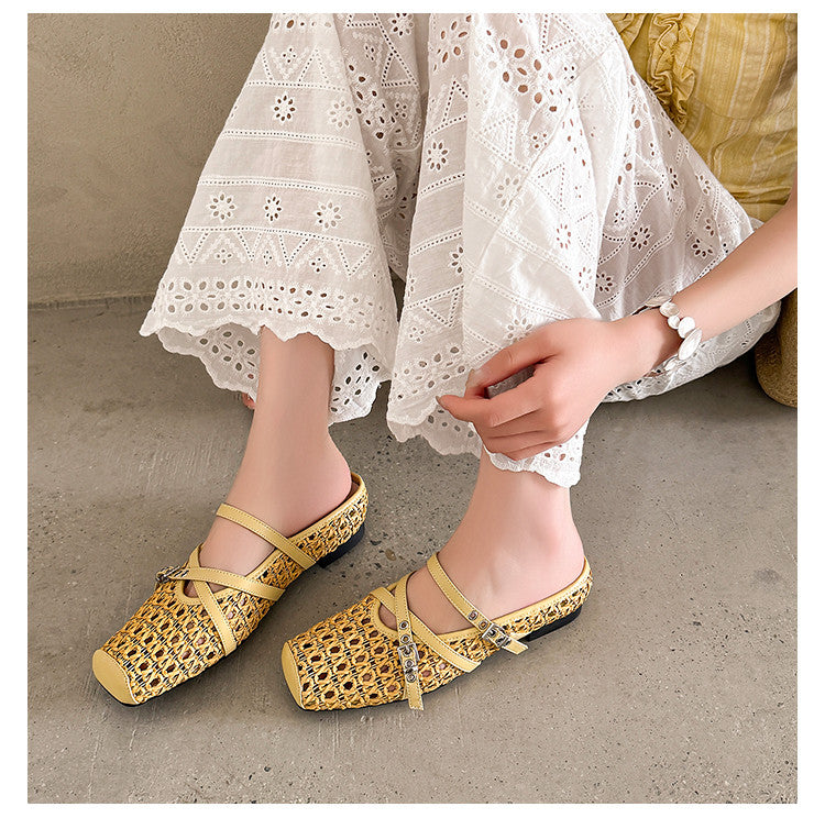 Karin Luna In Stock Spot Goods  Hot-Selling Square-Toe Woven Pig Nose Closed-Toe Slippers