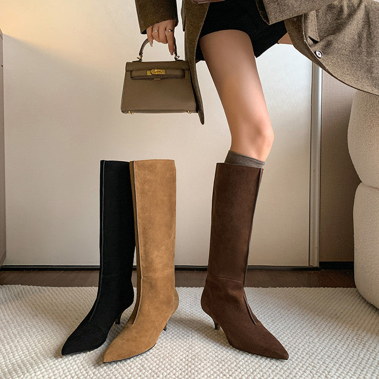 Karin Luna In Stock Spot Goods Retro Cowhide Pointed Toe Stiletto Elegant Long Boots