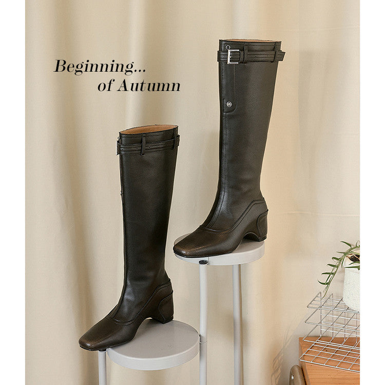 Karin Luna Belt Buckle Elegant Chunky Heel Suede Western Boots