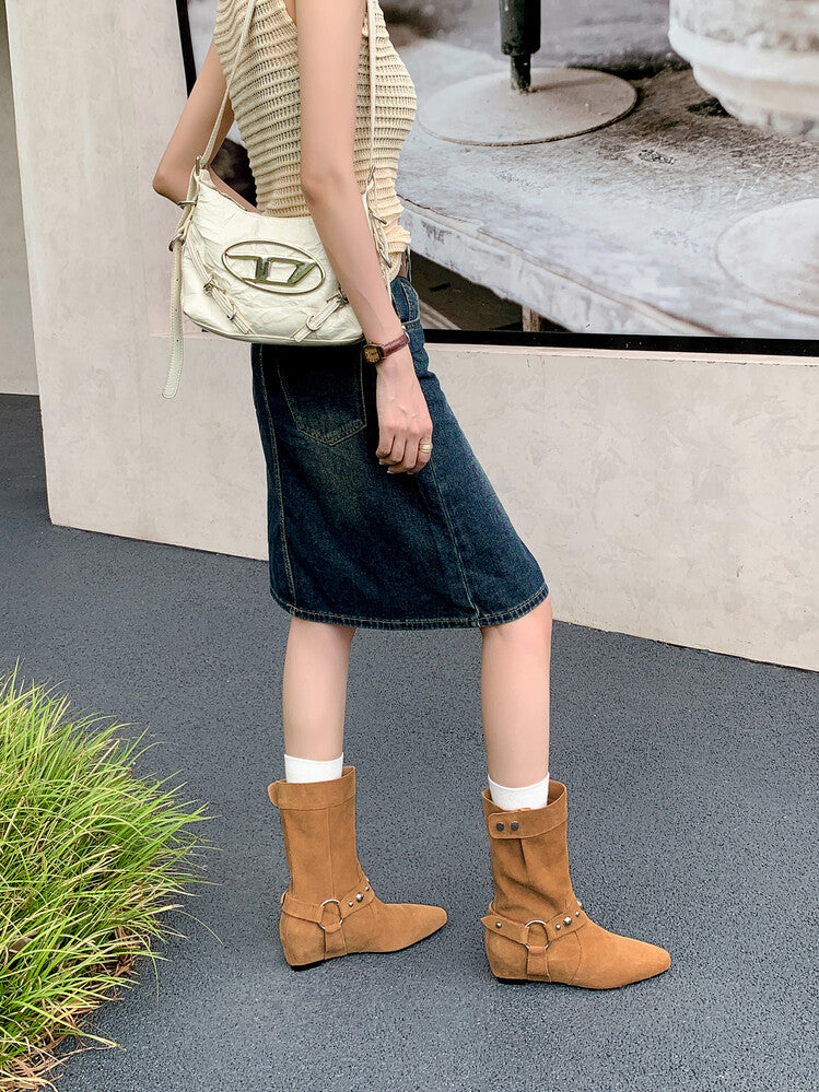 Karin Luna has prepared stock  Hot-Selling Retro Pointed Toe Wedge Metal Buckle High Tube Western Boots