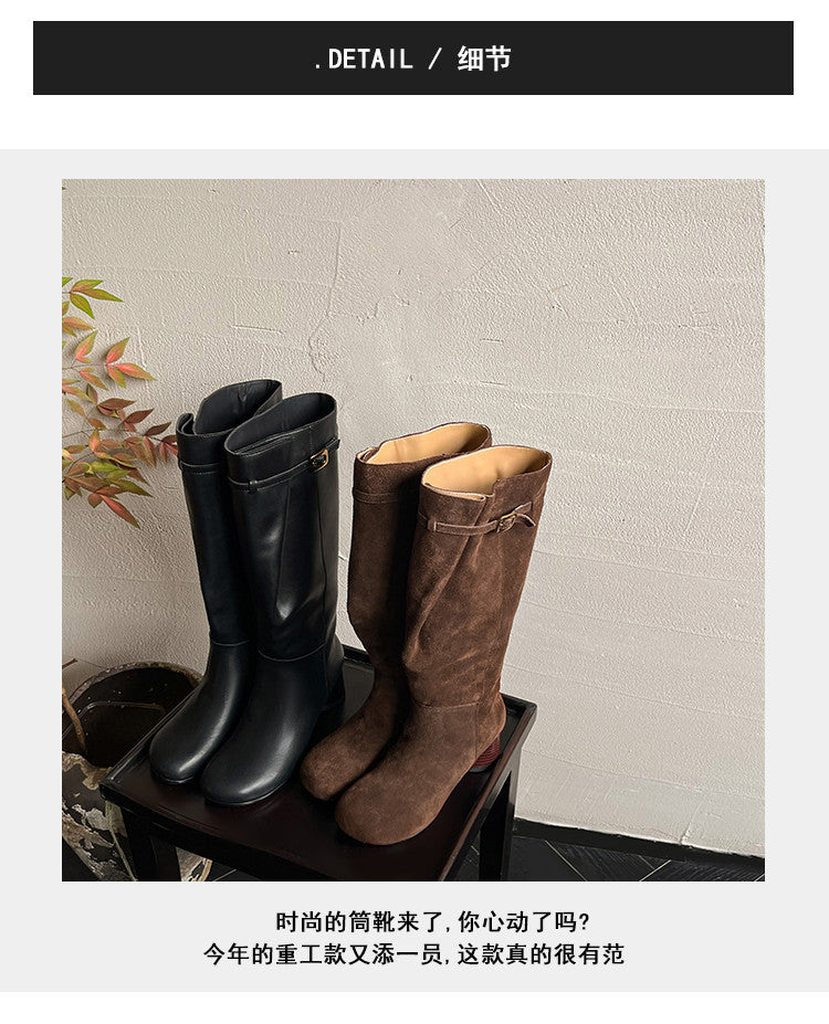 Karin Luna In Stock In Stock Mango Head Large Tube Belt Buckle Chunky Heel Long Boots