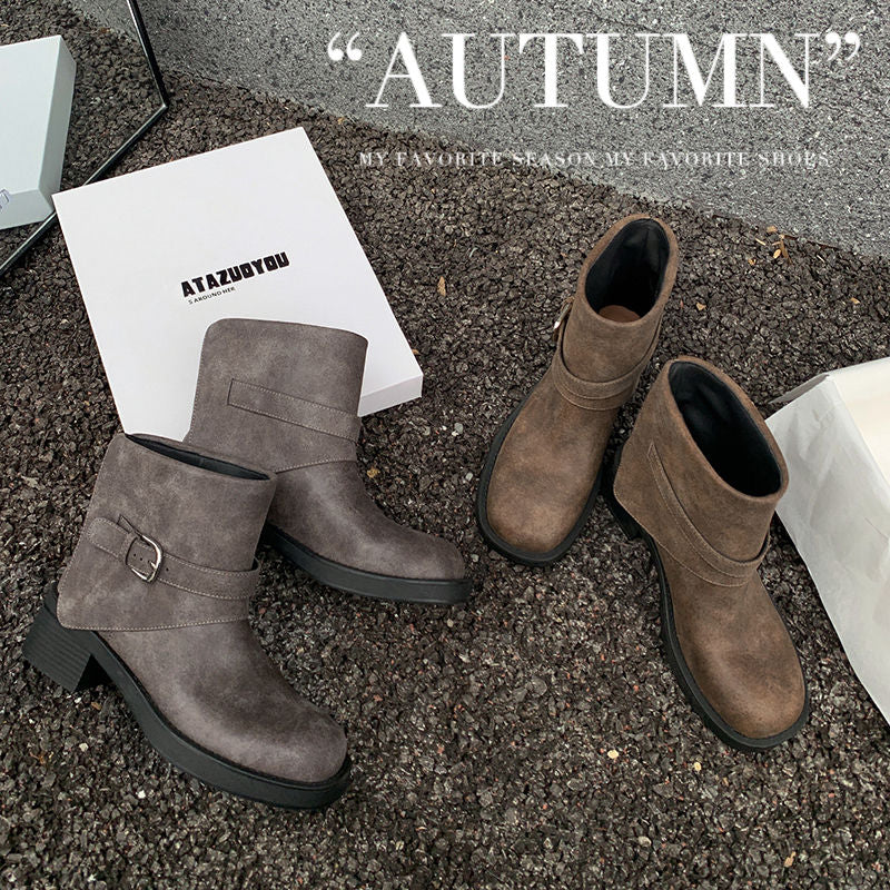 Karin Luna In Stock Spot Goods Versatile Basic Round Toe Belt Buckle Thick Sole Tube Boots