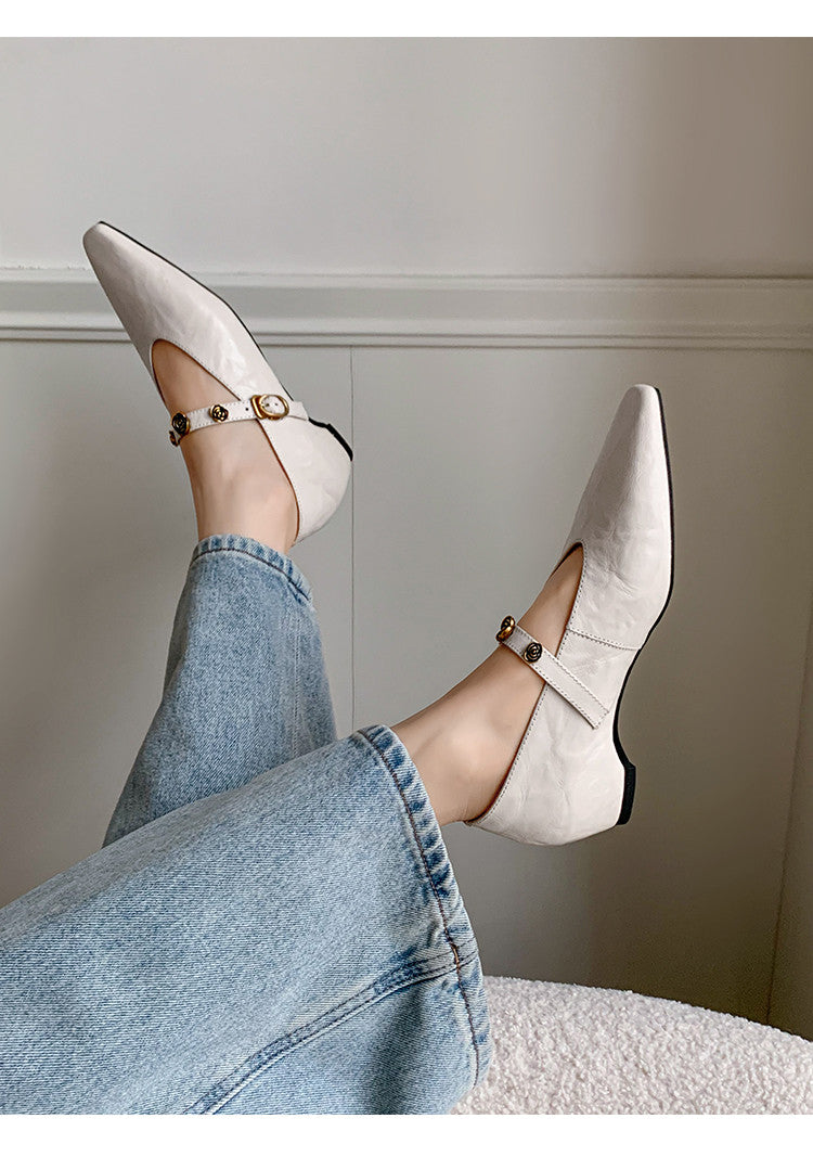 Karin Luna In Stock Spot Goods    Retro Classic Metal Camellia Irregular Heel Single Shoes