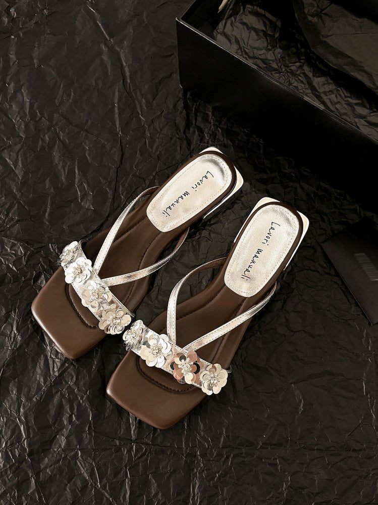 Karin Luna In Stock Spot Goods  One-Strap Sequin Floral Square-Toe Flat Slippers