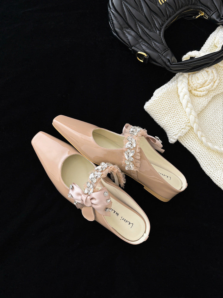 Karin Luna Handmade One-Strap Rhinestone Ribbon Square-Toe Mules