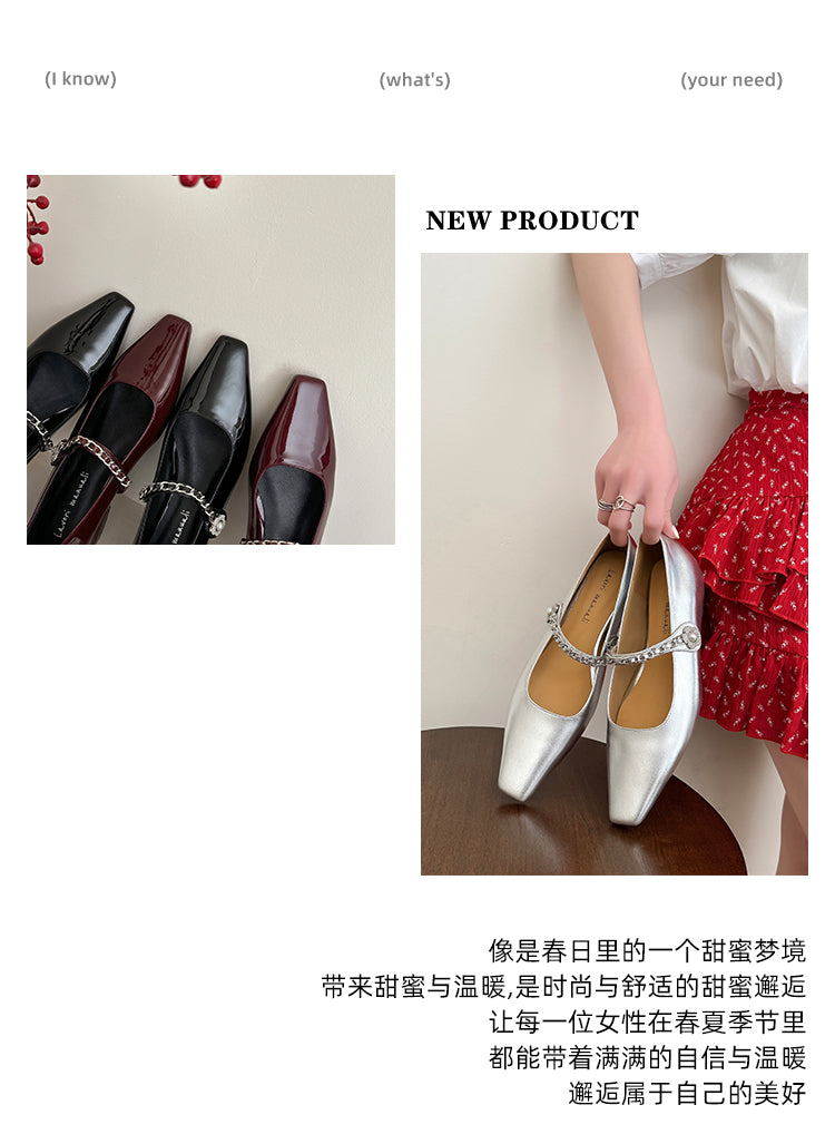 Karin Luna In Stock In Stock ~Metal One-Strap Pearl Small Square Toe Height-Increasing Flats