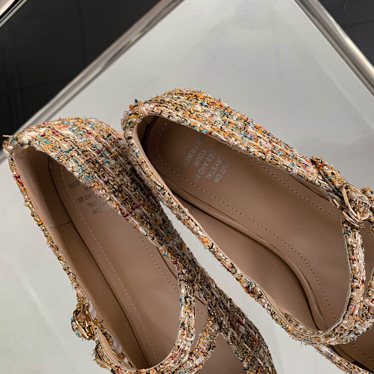 Karin Luna Classic Chanel Style~ Tweed Spring Limit Square Toe Chunky Heel Mary Jane Strap Single Shoes