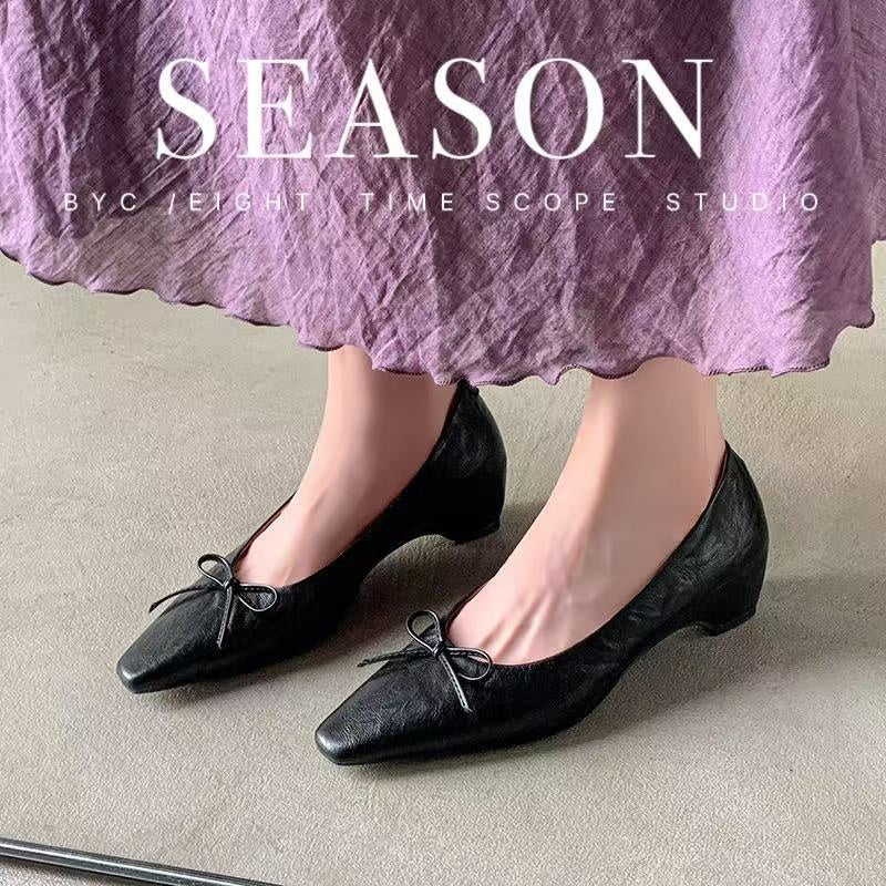 Karin Luna Full Layer Inside and Out~Basic Versatile Small Square Toe Butterfly Knot Irregular Heel Single Shoes