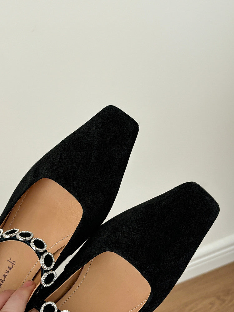 Karin Luna In Stock Spot Goods  Vintage Full Leather Square Toe Rhinestone Strap Shallow Mouth Single Shoes
