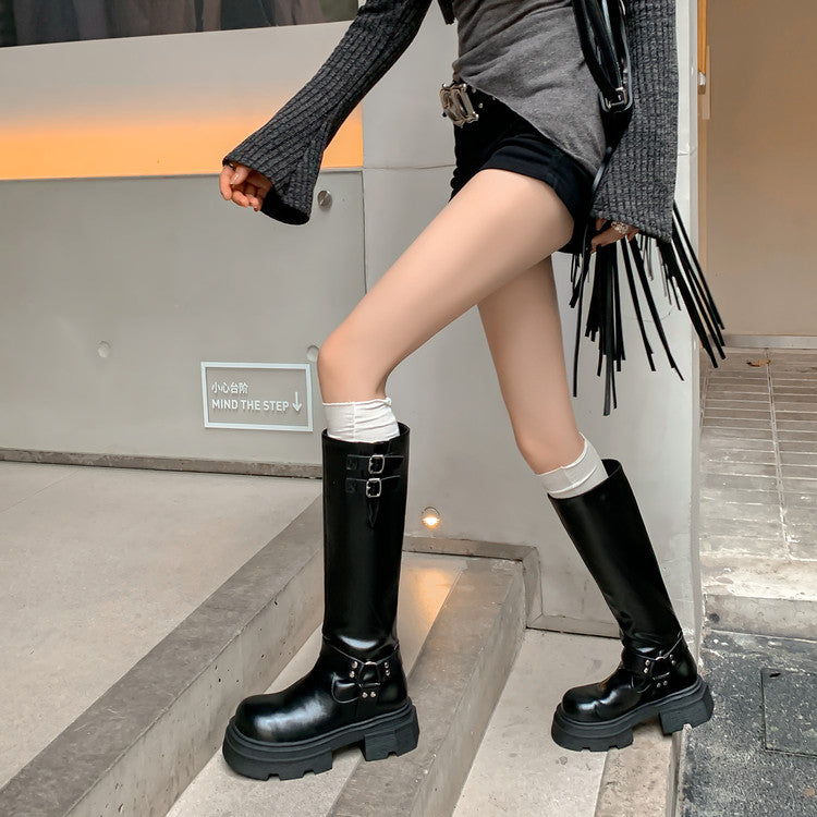 Karin Luna In Stock In Stock  Classic Casual Style Belt Buckle Thick Sole Round Toe Knight Boots Thick Sole