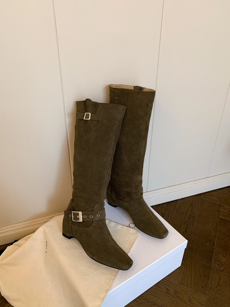 Karin Luna Data Model Belt Buckle Matte Square Toe Hidden Wedge Slouch Western Boots