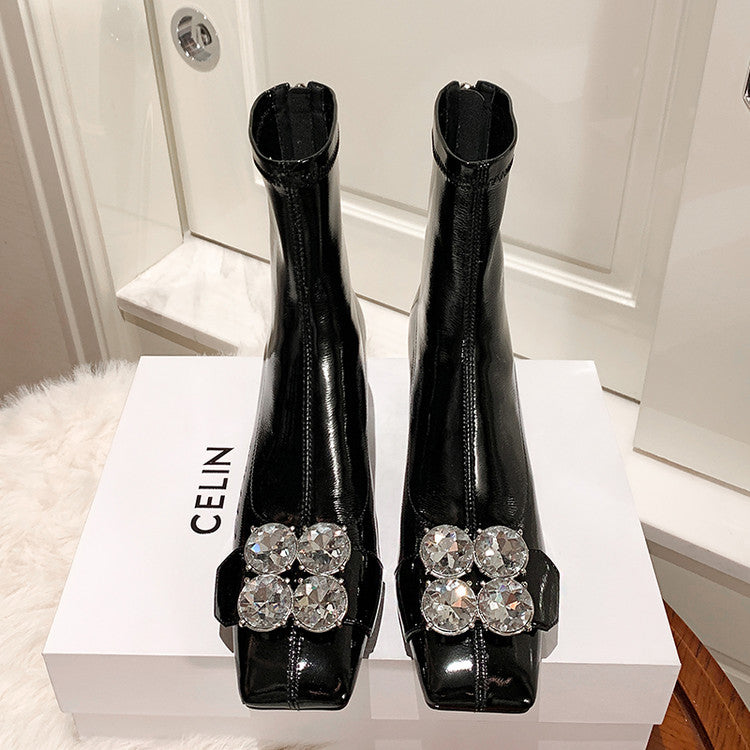 Karin Luna In Stock  Elegant Style Square Toe Rhinestone Chunky Heel Ankle Boots