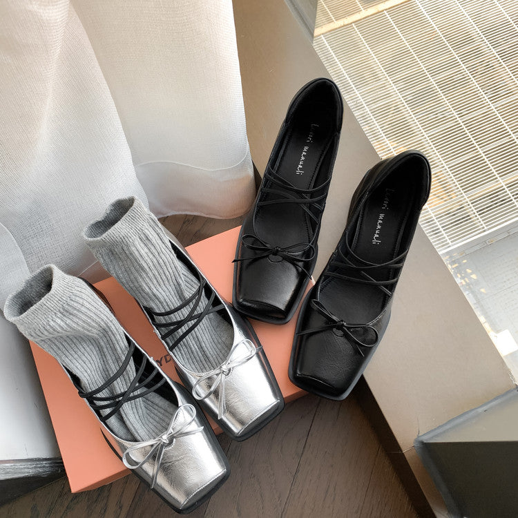 Karin Luna In Stock Spot Goods  Popular Self-flowing Bowknot Square Toe Chunky Heel Single Shoes