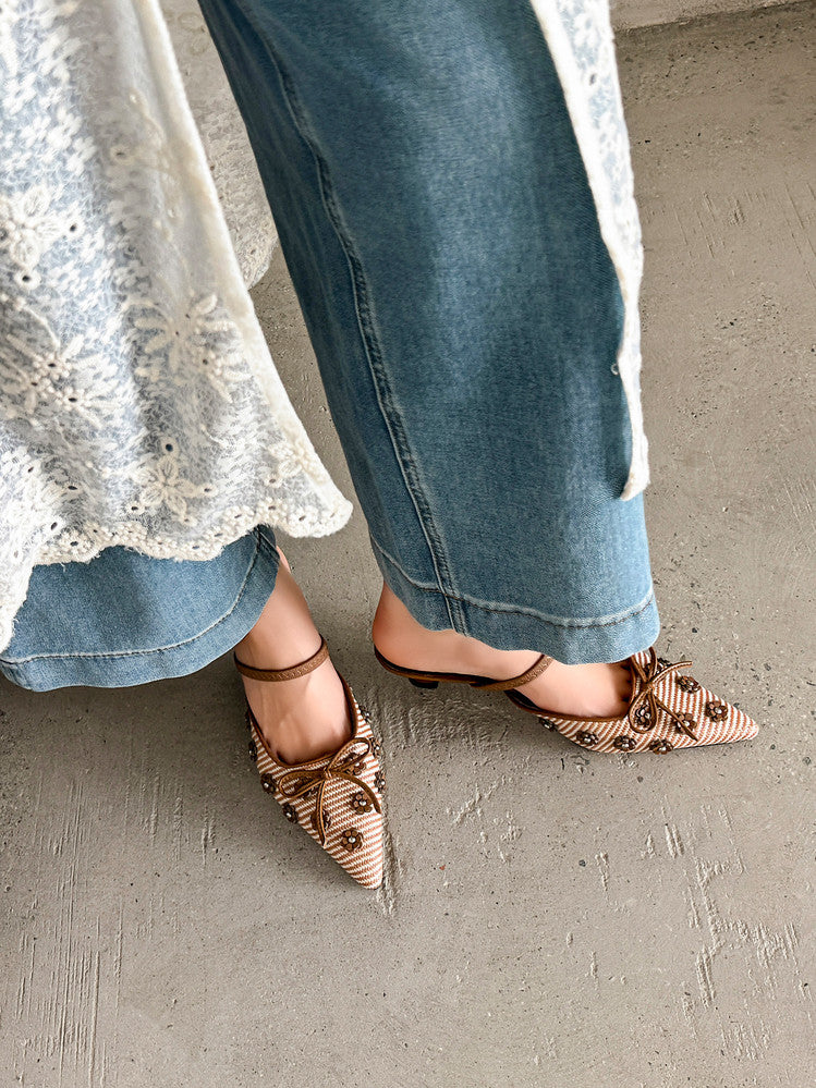 Karin Luna In Stock Spot Goods  Elegant Floral Pointed Toe Rhinestone Slippers