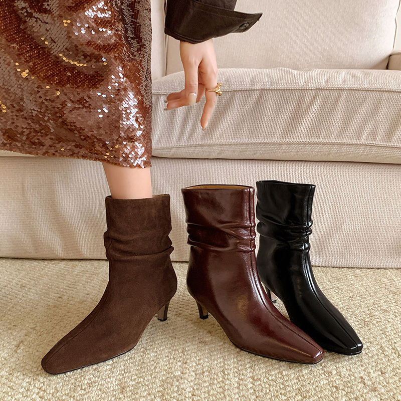 Karin Luna In Stock Spot Goods  Retro Wrinkled Small Square Toe Short Boots