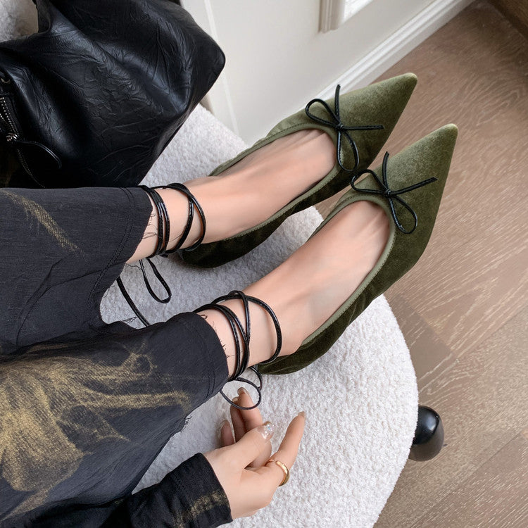 Karin Luna In Stock In Stock Retro Velvet Pointed Toe Bowknot Single Shoes