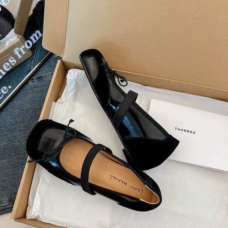 Karin Luna In Stock Spot Goods    Color Block Cowhide Leather Square Toe Slip-On Height Increasing Bowknot Flats