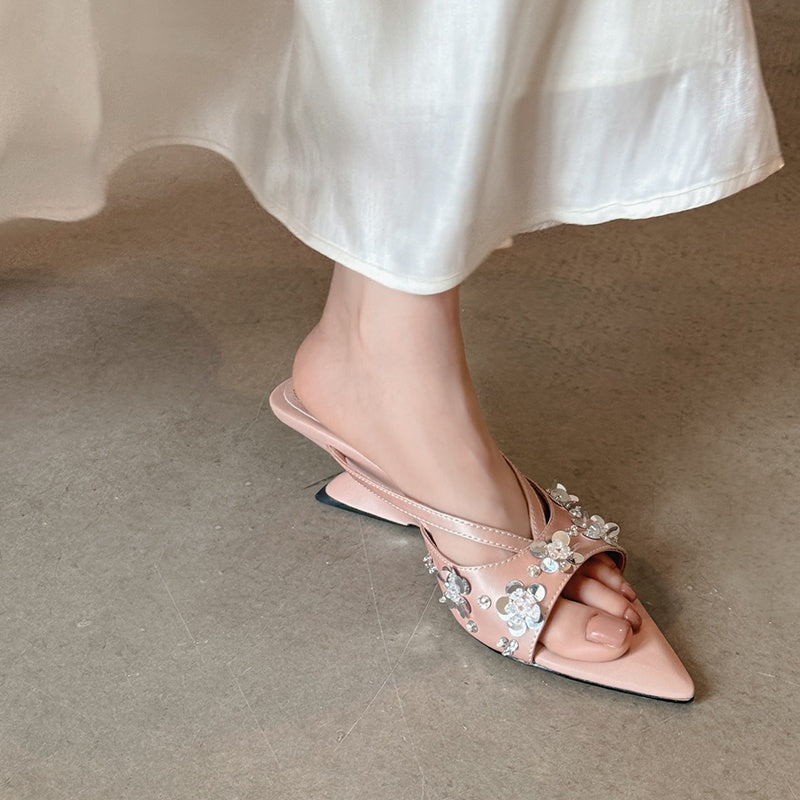 Karin Luna Bestseller Sequin Elements Elegant Pointed Toe Irregular Heel Slippers