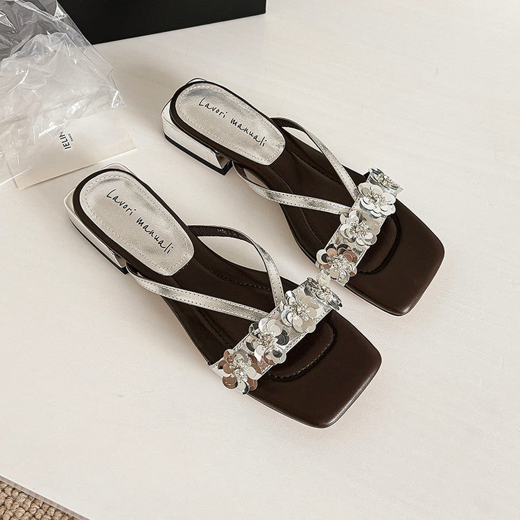 Karin Luna In Stock Spot Goods  One-Strap Sequin Floral Square-Toe Flat Slippers