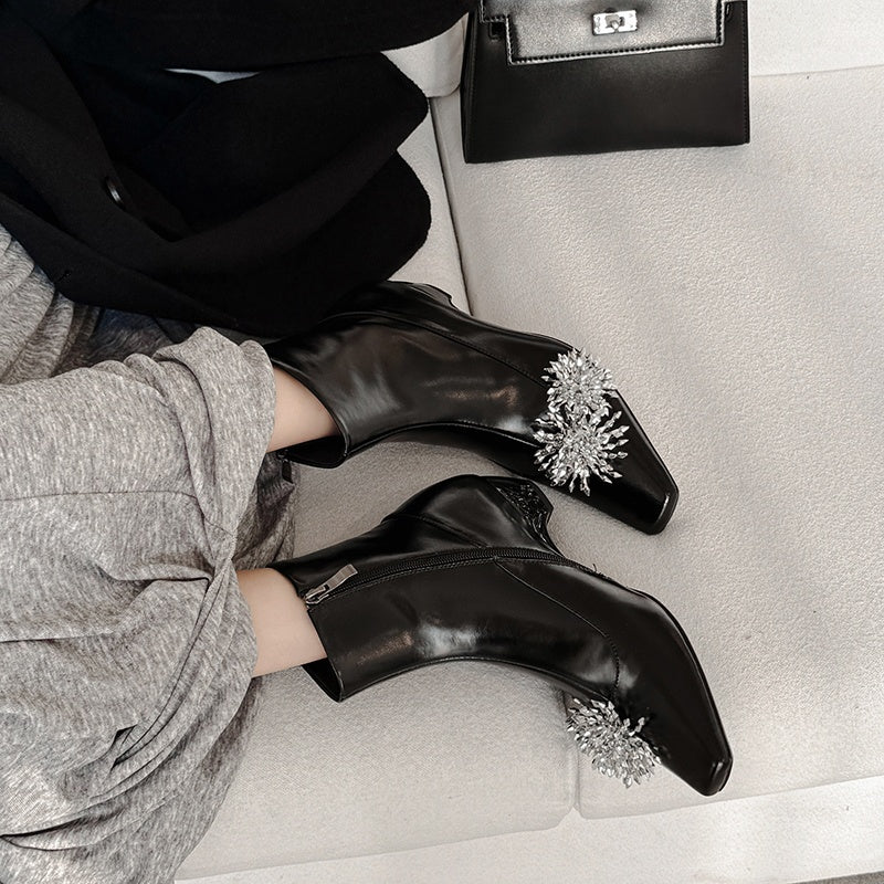 Karin Luna Elegant Style Square Toe Flower Design Height Increasing Short Boots with Two Front and Back Options