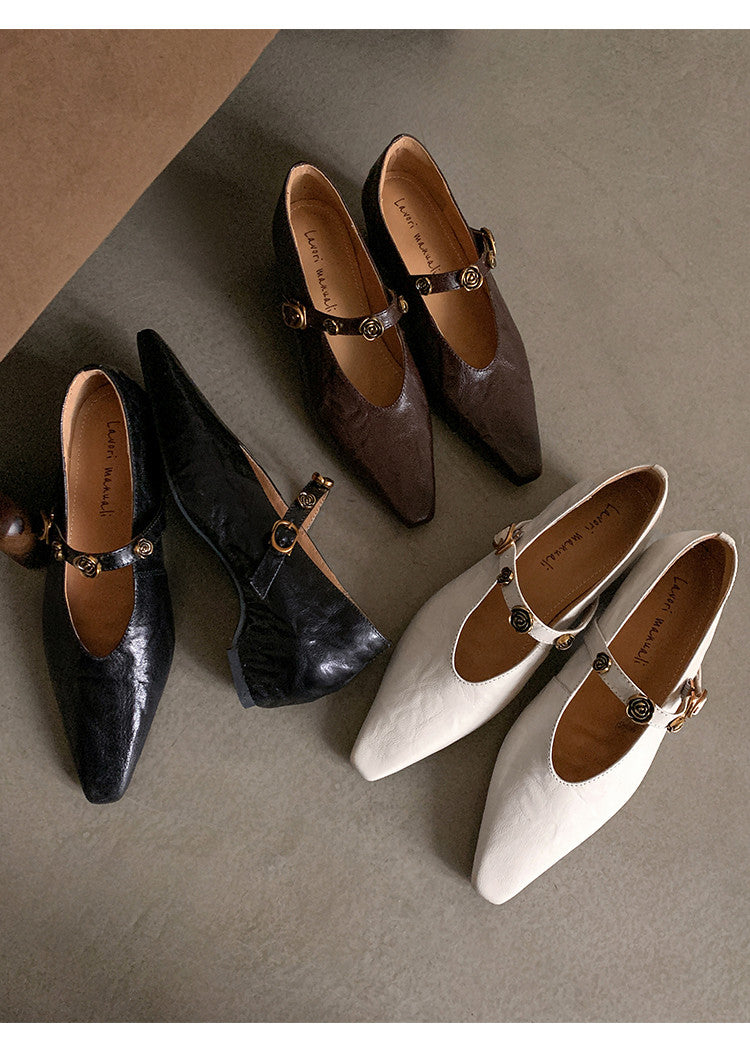 Karin Luna In Stock Spot Goods    Retro Classic Metal Camellia Irregular Heel Single Shoes