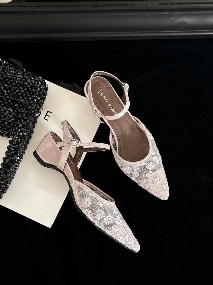 Karin Luna In Stock Spot Goods Embroidered Daisy Sheepskin Mesh Elegant Closed-Toe Slippers