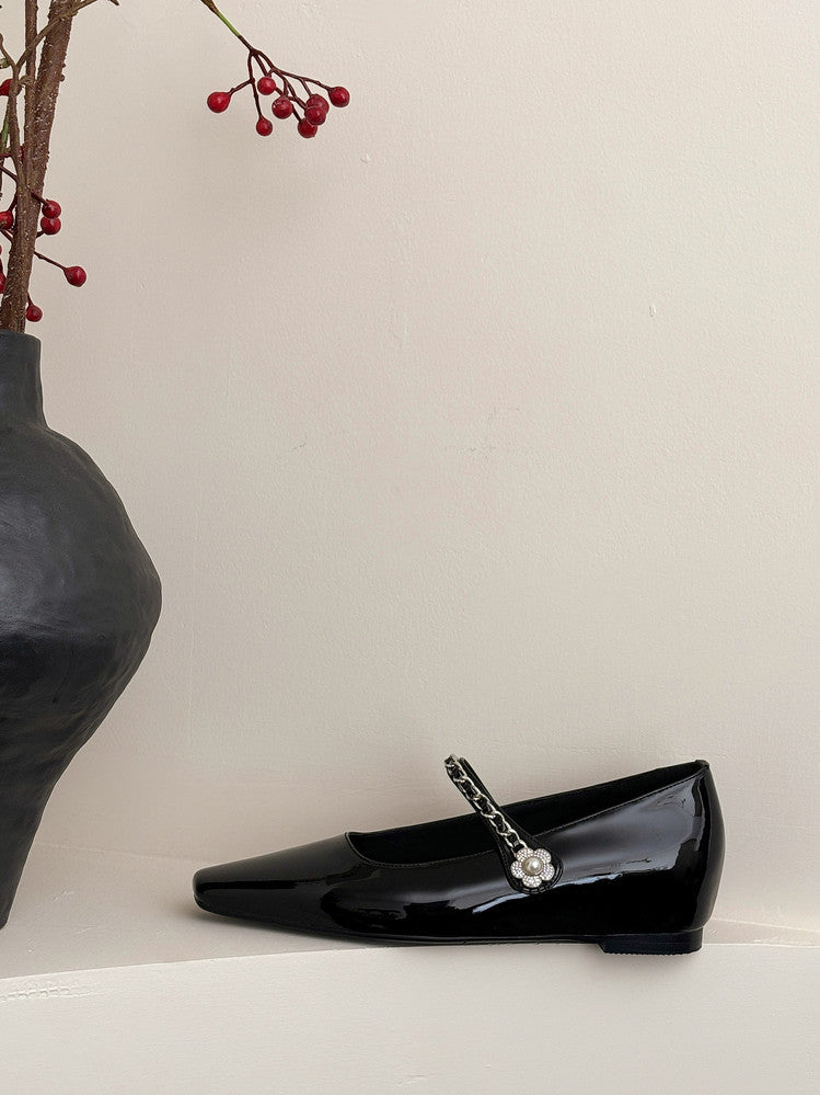 Karin Luna In Stock In Stock ~Metal One-Strap Pearl Small Square Toe Height-Increasing Flats