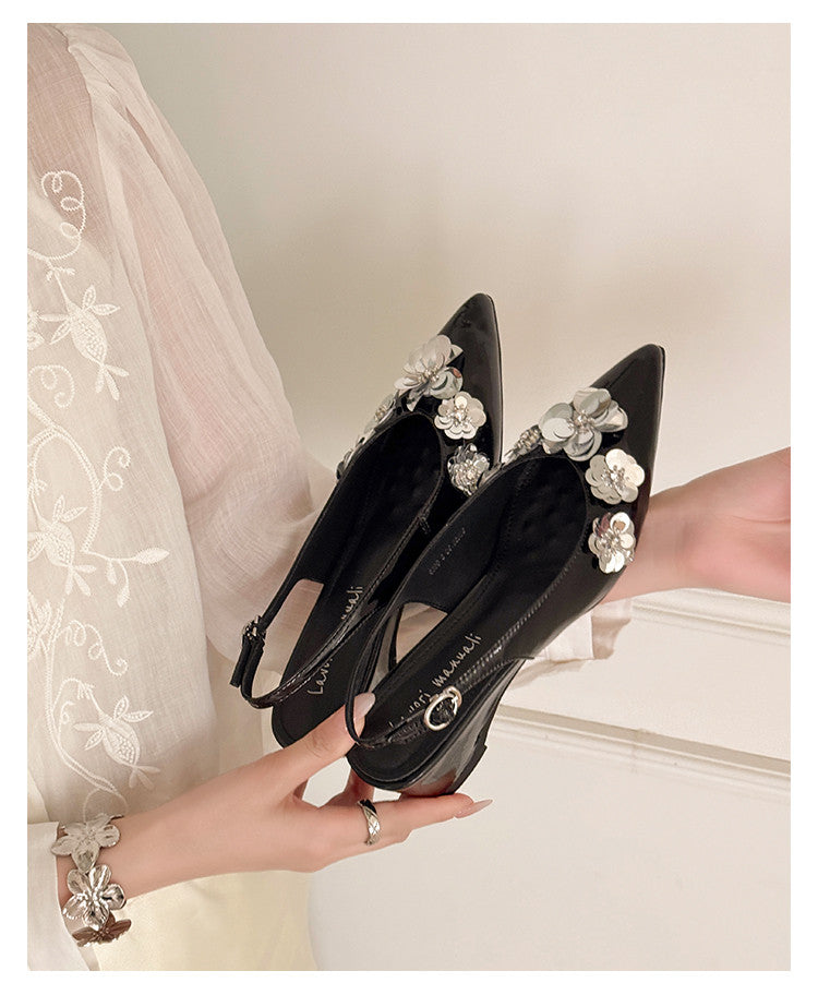 Karin Luna In Stock In Stock  Sequin Floral Pointed Toe Chunky Heel Closed-Toe Sandals