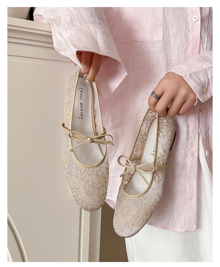 Karin Luna In Stock Spot Goods  Summer Breathable Retro Embroidered Bow Granny Shoes