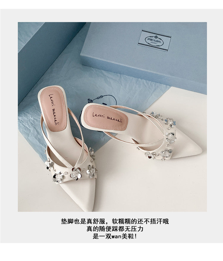 Karin Luna Bestseller Sequin Elements Elegant Pointed Toe Irregular Heel Slippers