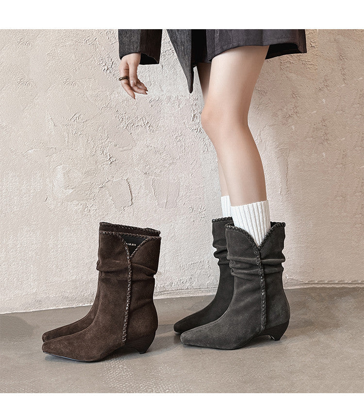 Karin Luna Small Square Toe Retro Ruched Pile Short Boots