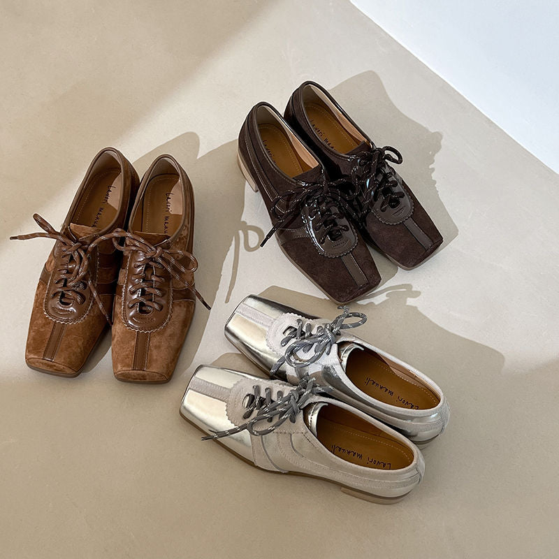 Karin Luna In Stock Spot Goods   Pig Nose Thin Strap Square Toe Patchwork Single Shoes