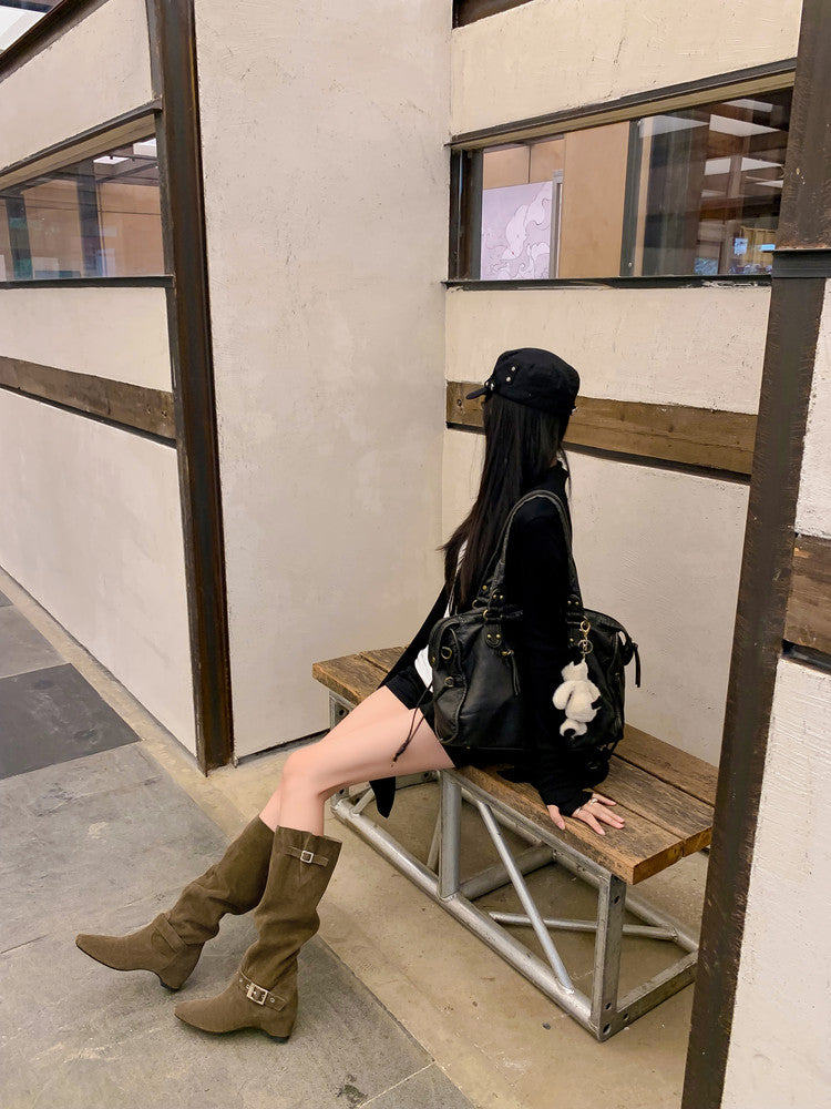 Karin Luna Data Model Belt Buckle Matte Square Toe Hidden Wedge Slouch Western Boots