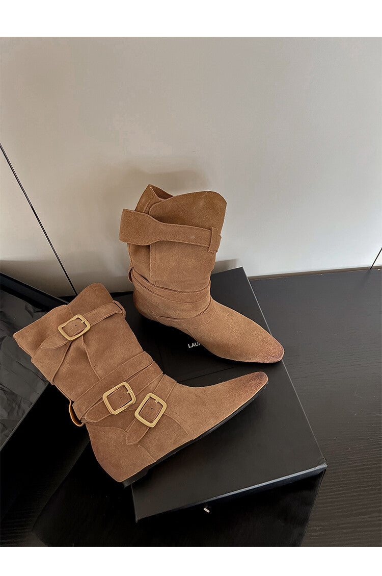 Karin Luna Cow Leather Small Square Toe Belt Buckle Fashion Boots
