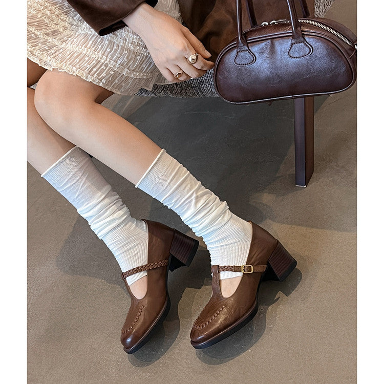 Karin Luna In Stock Spot Goods Vintage Braided Twist High Heels T Round Toe Thick Sole Single Shoes
