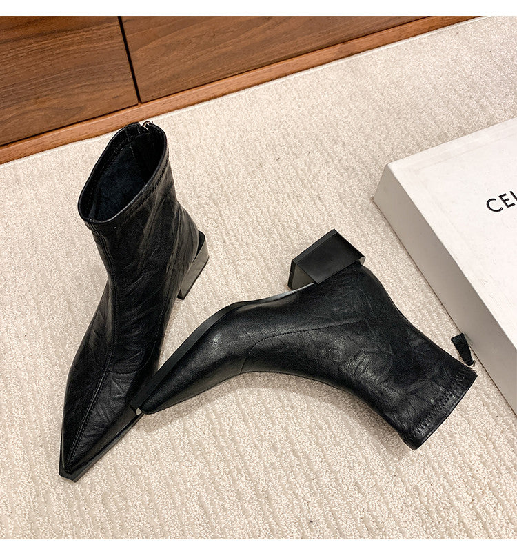 Karin Luna Elegant Style Pointed Toe Chunky Heel Short Boots