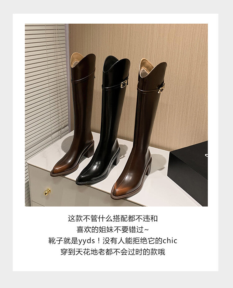 Karin Luna Bestseller  Popular Understood everything  Basic Elegant Outfit Pointed Toe Chunky Heel Full Cowhide I Am A Knight Boots