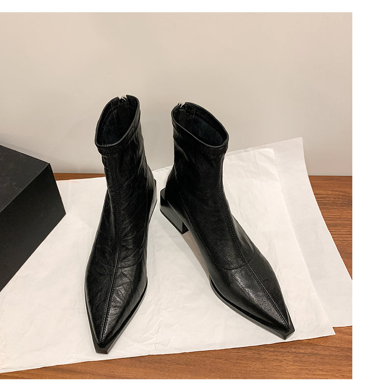 Karin Luna Elegant Style Pointed Toe Chunky Heel Short Boots