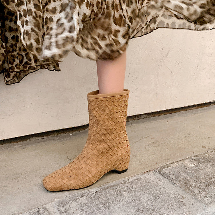 Karin Luna Handmade Woven Fabric Small Square Toe Hidden Heel Short Boots