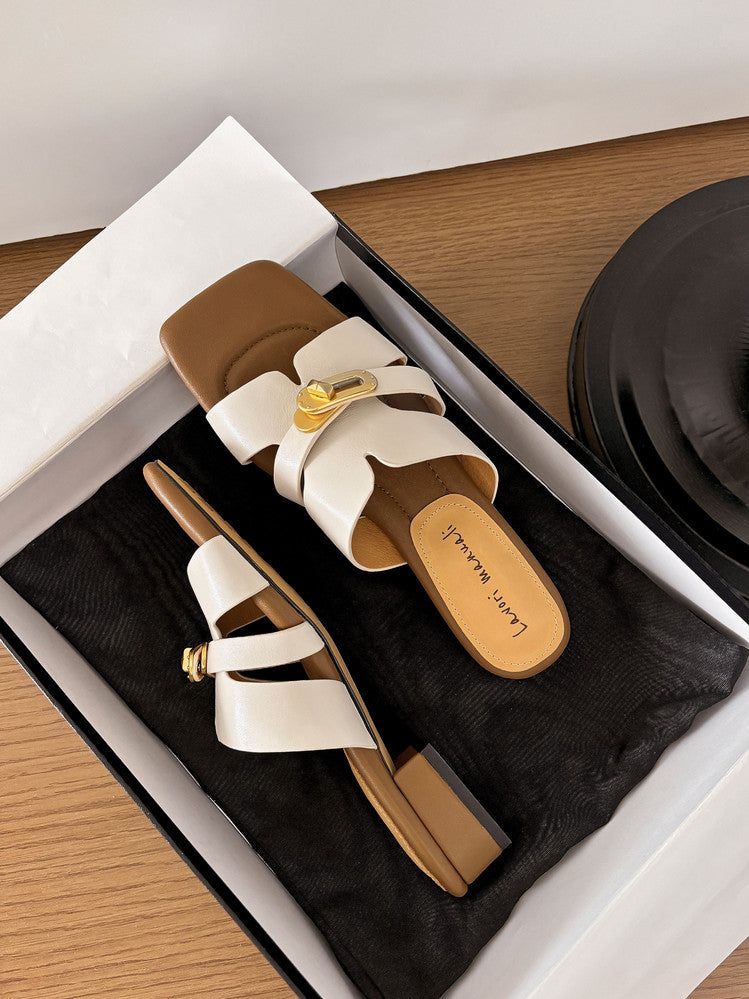 Karin Luna Comfortable Gold Buckle Square Toe Chunky Heel Casual Style Slippers
