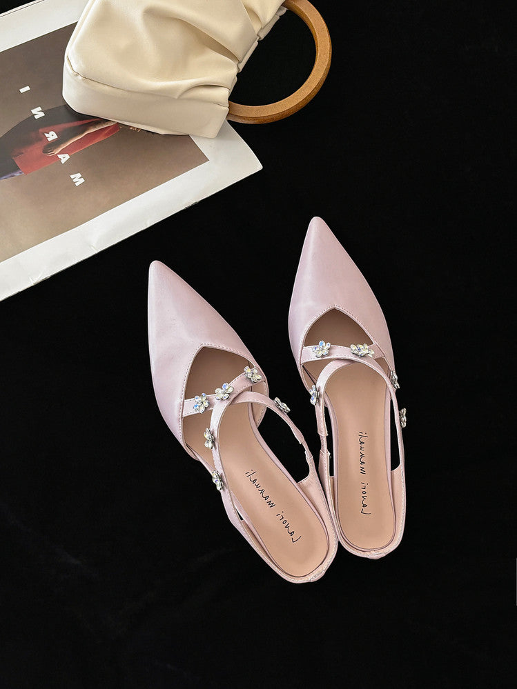 Karin Luna Elegant Pointed Toe Rhinestone Flower High Heel Mules