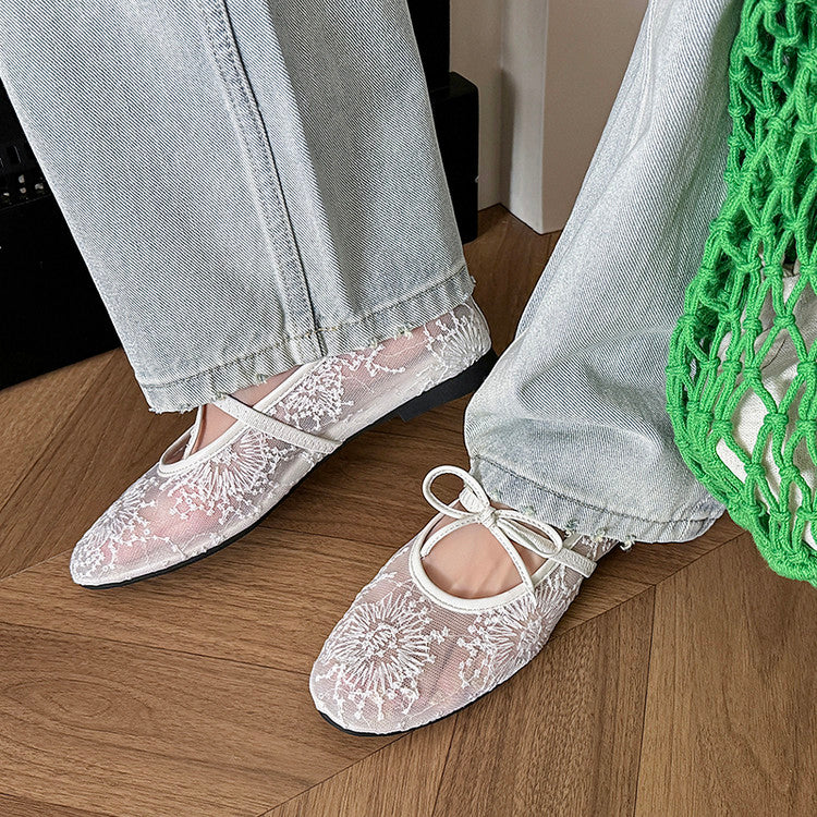Karin Luna In Stock Spot Goods  Summer Breathable Retro Embroidered Bow Granny Shoes